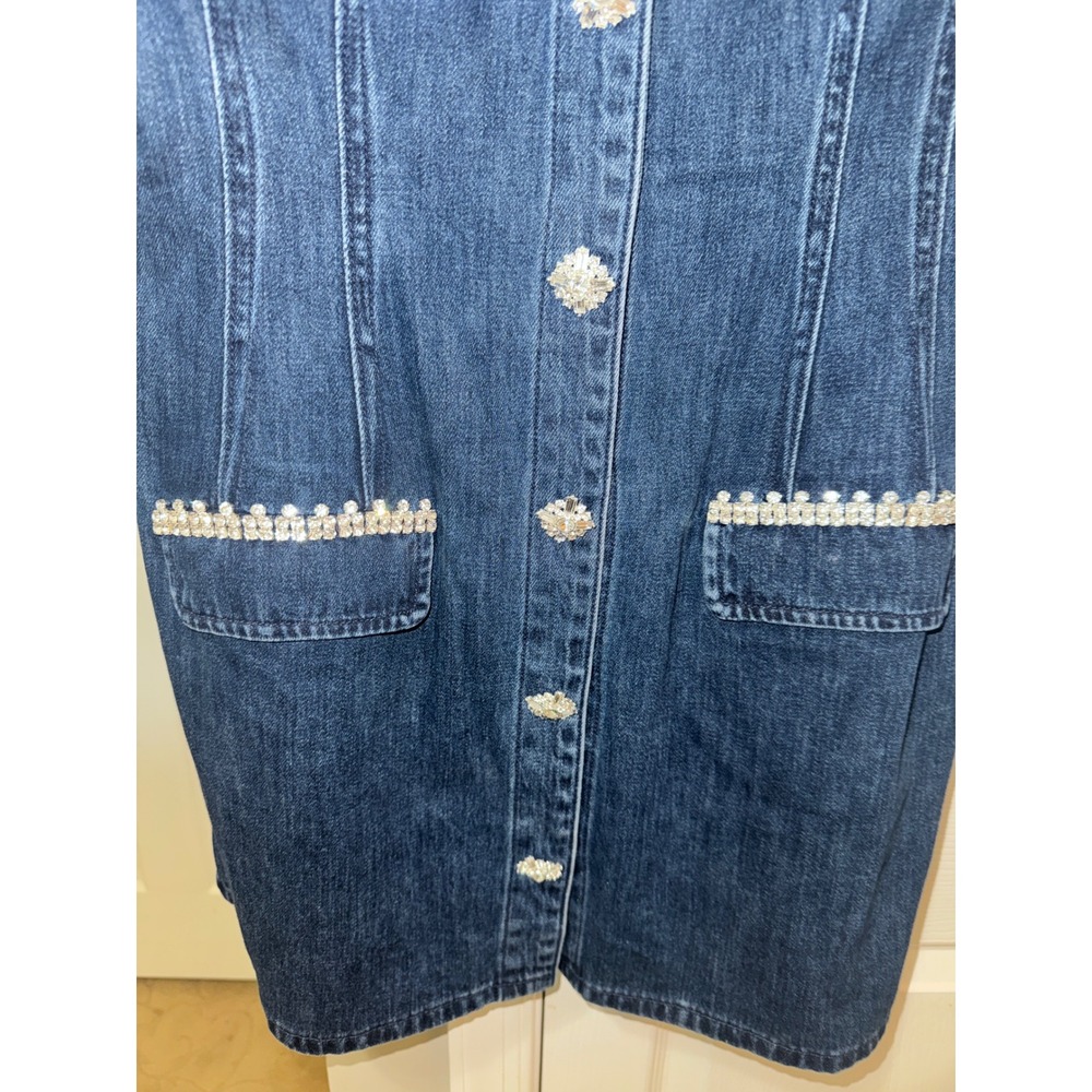 Self-Portrait Rhinestone Trim Denim Mini Dress Dark Wash Crystal Button US 12 - Picture 10 of 12
